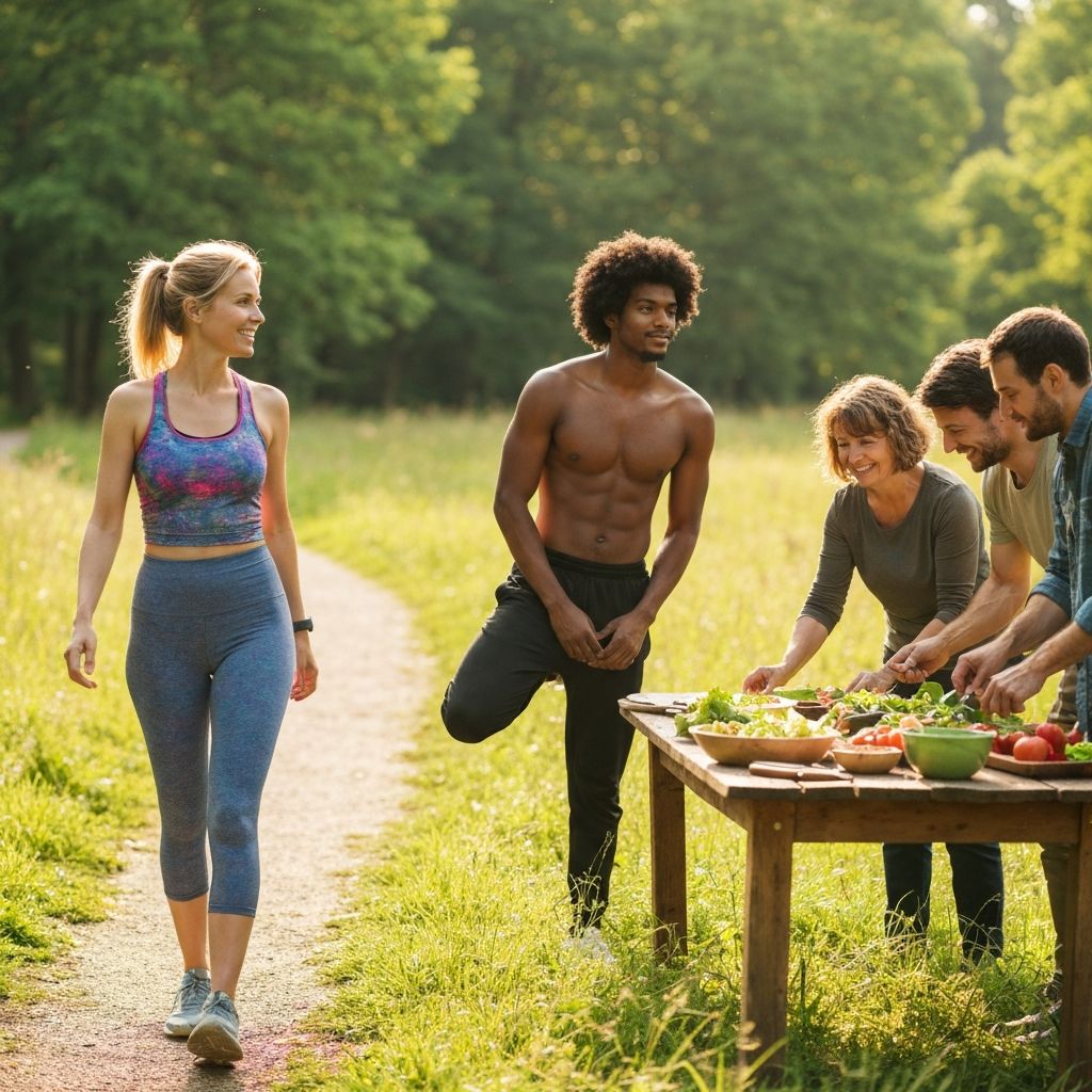 Aktív emberek sétálnak a parkban, sportolnak